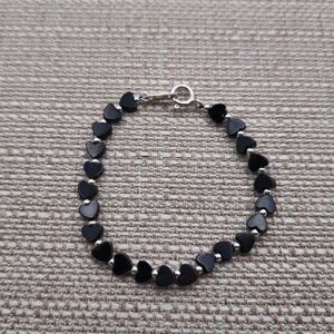 6 Inch Sterling Silver Onyx Stone Hearts Bracelet B482